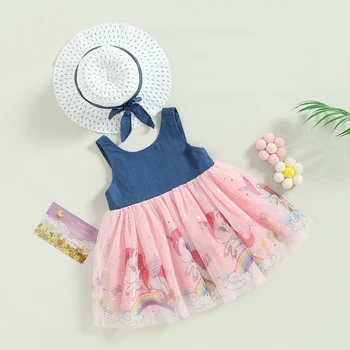 Летнее платье для маленьких девочек, повседневное сетчатое платье без рукавов с мультяшным животным принтом и шляпа от солнца для пляжной вечеринки, одежда от 2 до 7 лет