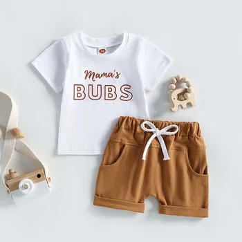 Летняя одежда для малышей, костюмы для мальчиков, футболки с круглым вырезом и буквенным принтом, шорты с эластичной резинкой на талии, комплект из 2 предметов