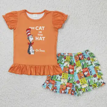 Лидер продаж, Оранжевые комплекты с мультяшным принтом RTS для малышей, Бутик детской одежды, Летние наряды для девочек