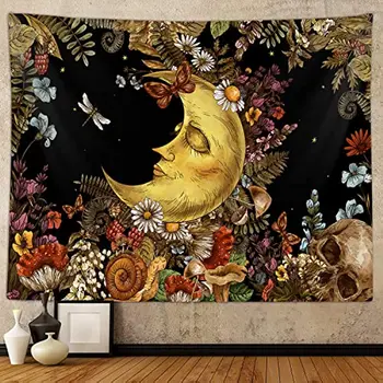 Лунный гобелен в стиле бохо, винтажные гобелены с изображением Солнца и Луны в стиле хиппи, грибы для спальни, сказочный декор, коричневый ретро-плакат с черепом