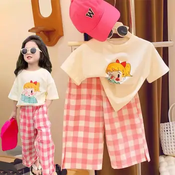 Милая летняя одежда для девочек, хлопковая рубашка с мультяшным принтом, розовые брюки в клетку, повседневные свободные прямые брюки в корейском стиле от 2 до 8 лет