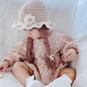 Милая широкополая шляпа с цветочным узором для девочки, шапочка для парика с косичками, зимняя теплая вязаная Детская Шапочка для девочек, аксессуары для шапочек