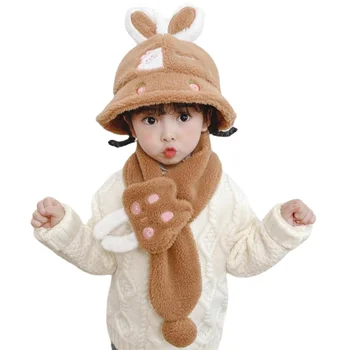 Модная детская шапочка с кроликом, зимняя шапочка для умывальника для девочки с шарфом, детская шапочка, детские шапочки и кепки принцессы, детская шапка, теплая шапка для мальчиков