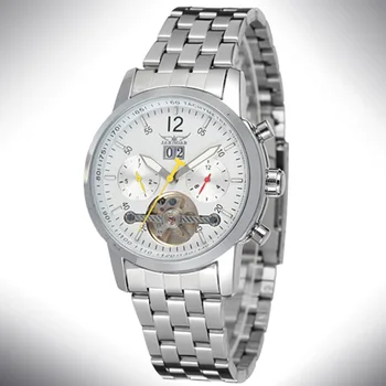 Модные мужские и женские часы JARAGAR, механические часы со стальным ремешком, серебристый полый дизайн с календарем, механические часы