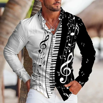 Модные рубашки с длинным рукавом для мужчин, повседневная рубашка оверсайз с принтом пианино, топ на пуговицах, мужская одежда, клубные блузки высокого качества