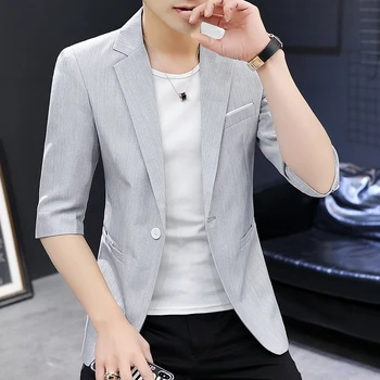 Модный летний мужской модный повседневный блейзер со средним рукавом, дышащий однотонный Корейский вариант, молодежный приталенный свадебный блейзер для вечеринки