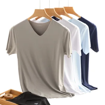 Мужская футболка с V-образным вырезом, бесшовные летние футболки Ice Silk Soild с коротким рукавом, мужские топы, тройники