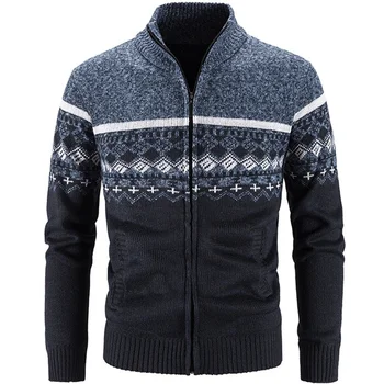 Мужской осенне-зимний новый вязаный свитер-кардиган, повседневный вязаный свитер с принтом