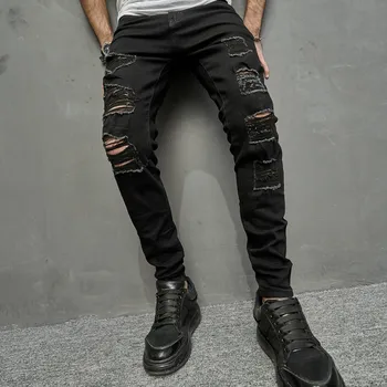 Новая уличная одежда, мужские Рваные Узкие джинсовые брюки-карандаш, стильные весенние мужские повседневные джинсовые брюки с дырками