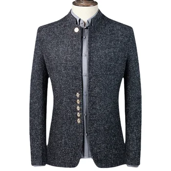 Новый модный мужской пиджак со стоячим воротником, деловой повседневный однобортный официальный пиджак, высококачественное платье для светской вечеринки, блейзер