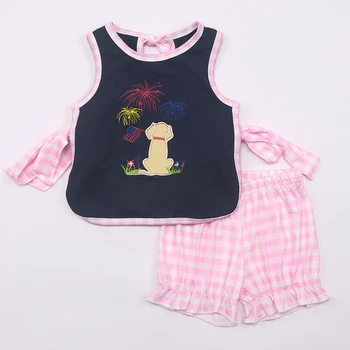 Новый стиль 2023 года, одежда для маленьких девочек, Тематический детский бутик от 4 июля, Хлопковый детский комплект синего и красного цветов с вышивкой фейерверком