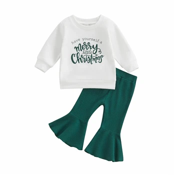 Одежда Для маленьких девочек, рождественские наряды, толстовка с длинными рукавами и буквенным принтом, футболки, топы и повседневные расклешенные брюки, комплект