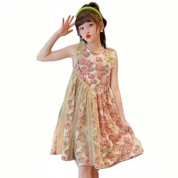 Платье для девочек с цветочным узором, платье для девочек, повседневное праздничное платье, костюм для девочки-подростка