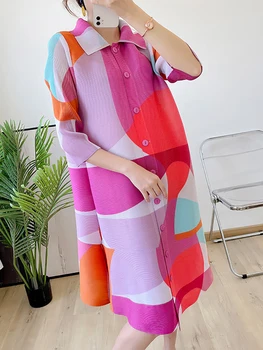 Плиссированный жакет Miyake 2022, летнее новое повседневное Элегантное однобортное платье с отложным воротником с геометрическим принтом и длинным рукавом