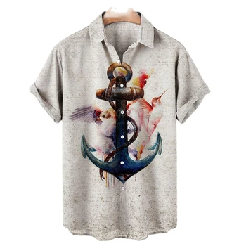 Повседневная быстросохнущая футболка Оверсайз с 3D принтом, летняя модная пляжная рубашка на пуговицах с якорным принтом, Camicias Men