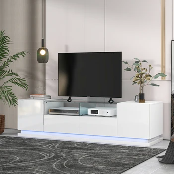 Подставка для телевизора с закаленным стеклом, современный глянцевый шкаф для телевизора в развлекательном центре с системой хранения и светодиодной подсветкой, меняющей цвет, белый