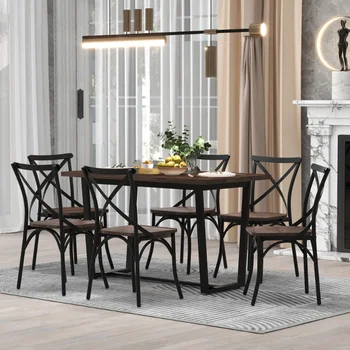 Промышленный обеденный стол TREXM из 7 предметов, Прямоугольный стол с 6 обеденными стульями, Кухонный стол, сервированный металлом