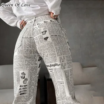 Прямые джинсовые брюки с буквенным принтом из модной газеты 2022 года, новая уличная одежда с высокой талией, универсальные джинсы для женщин, брюки