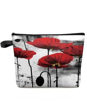 Рисованный тушью красный цветок Мака, дорожная косметичка большой емкости, Переносная сумка для хранения косметики, женский водонепроницаемый пенал