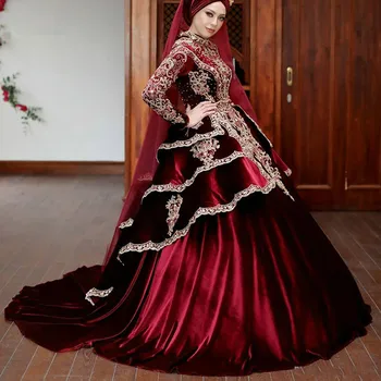 Роскошное мусульманское Бордовое Свадебное платье с длинными рукавами и высоким воротом, расшитое бисером Бархатное Атласное бальное платье Арабоиндийских женщин, вечернее платье для вечеринок