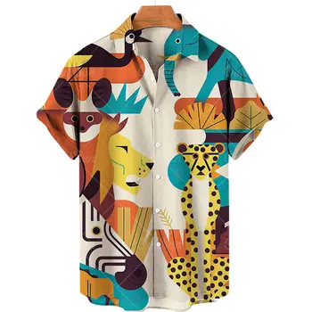 Рубашки мужские С коротким рукавом, с лацканами, с животным цветочным 3D принтом, Винтажные Вечерние Повседневные Летние Гавайские Праздничные Мужские топы S-5XL