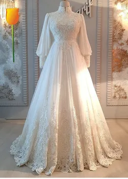 Свадебное платье цвета слоновой кости с длинными рукавами, Мусульманские свадебные платья, кружевные свадебные платья с высоким воротом, Арабские Свадебные платья из Дубая, платье невесты 2023