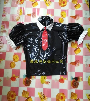 Сексуальная Черная фетишистская Латексная Рубашка с рюшами на рукавах, Резиновый Студенческий Топ с галстуком