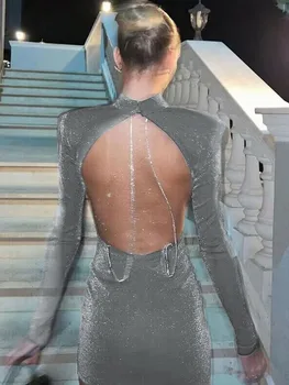 Сексуальное вечернее платье с блестками на цепочке с открытой спиной для женщин, Элегантная осенняя одежда