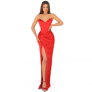 Сексуальные вечерние платья 2022, красное атласное платье с V-образным вырезом и разрезом по бокам, сексуальное вечернее платье для женщин, длинное вечернее платье без рукавов с открытой спиной, Русалка