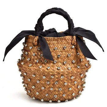 Соломенная сумка ручной работы, украшенная летняя пляжная сумка для отдыха с жемчугом, женское плетеное ведро, Бриллиантовая сумка, дизайнерские модные сумки