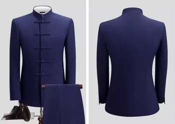 Темно-синий мужской блейзер с воротником-стойкой, 2 предмета, блейзер с китайской пряжкой, брюки, мужская свадебная одежда, мужские костюмы, комплекты, куртка, брюки