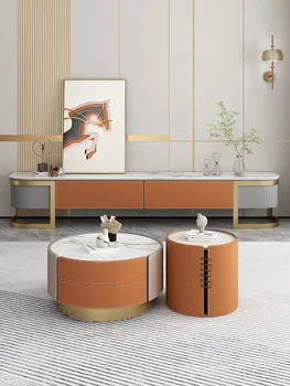 Тумба для телевизора, комбинация чайных столиков, современная гостиная из натуральной кожи, новый напольный шкаф в итальянском стиле класса люкс с подсветкой