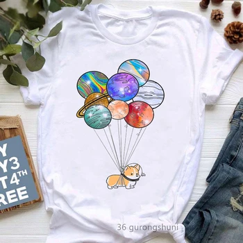 Футболка Corgi Love Balloon С животным принтом Для девочек, Одежда Harajuku Kawaii, Летние Модные Топы, Футболка, Женская футболка С коротким рукавом
