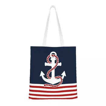 Холщовая сумка для покупок в морскую полоску и красный якорь на заказ, женские сумки для покупок, прочные продукты, парусные сумки для покупок