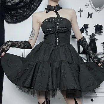 Черное женское сексуальное платье, Винтажное готическое Y2K, жаккардовое платье с перекрестной талией, пышное платье для торта, Металлическое кружевное сращивание, модная одежда