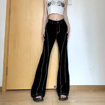 Черные прошитые джинсы, уличная одежда Y2k, джинсовые брюки с низкой посадкой, Винтажные Мешковатые расклешенные джинсы, Корейские модные Базовые Женские брюки