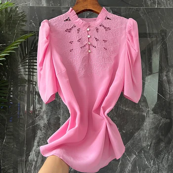 Шелковая рубашка с короткими рукавами для женщин 2023 года, новая летняя Модная рубашка из абрикосового шелка тутового цвета с воротником-стойкой