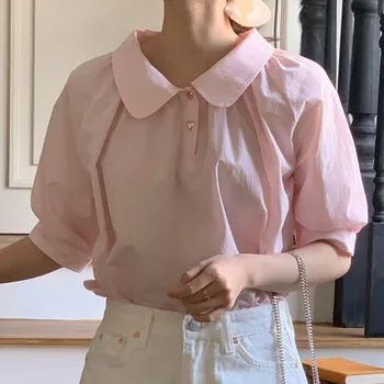 шикарная рубашка с кукольным воротником на пуговицах, уменьшающая возраст, женская летняя дизайнерская ниша, однотонный топ с короткими рукавами