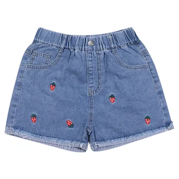 Широкие джинсы для девочек от 3 до 12-13 лет, джинсовые шорты с вышивкой Клубники, детская Летняя мода